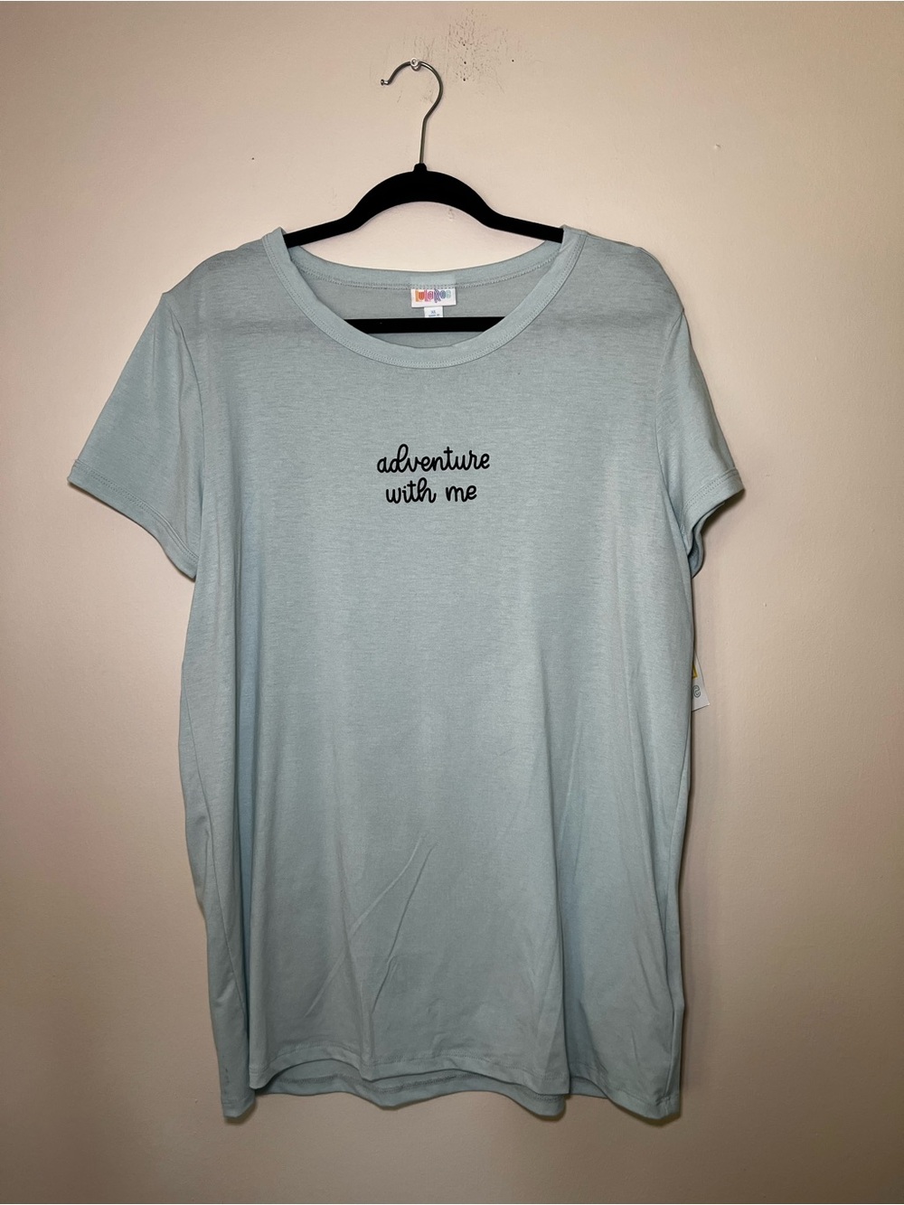 LuLaRoe Liv Light Blue "Adventure With Me" Short Sleeve Tee